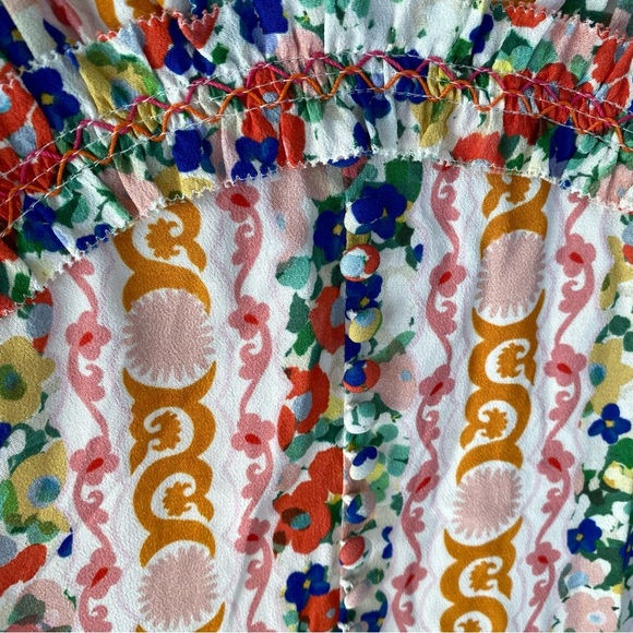 Saloni Lea Smocked Floral Print Crepe Mini Dress Sz. 2 White Orange Pink V Neck - Picture 10 of 16